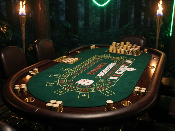 Luxuri&ouml;ser VIP Casino-Tisch mit gr&uuml;nem Filz und goldenen Chips im Fackellicht des Waldes