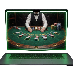 Laptop mit Live Blackjack Tisch und Neon-Gr&uuml;n-Rahmen f&uuml;r sicheres Live Casino