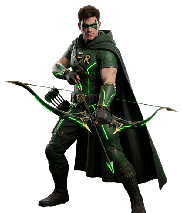 Robin Hood maskottchen von WildRobin Casino mit gezogenem Bogen im Abenteurer-Outfit