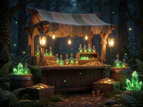 Magischer Wald-Marktstand mit leuchtenden Tr&auml;nken und Goldm&uuml;nzen als Bonus-Shop-Visual