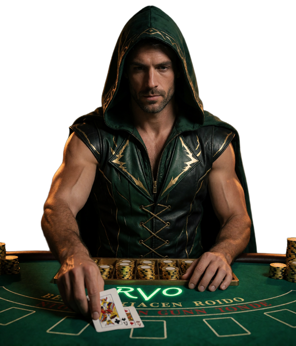 WildRobin Live Casino Croupier im Robin Hood Outfit beim Blackjack Tisch im Fackellicht des Waldes